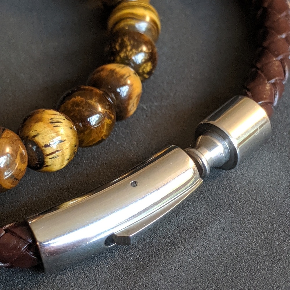 Men's bracelet set, stone & leather